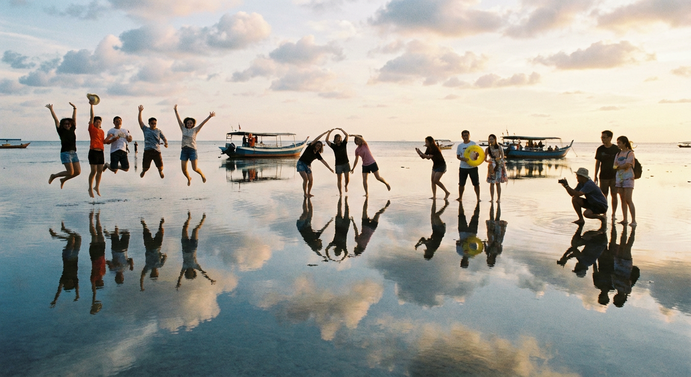 Visitors enjoying the unique photo opportunities at the Sky Mirror.