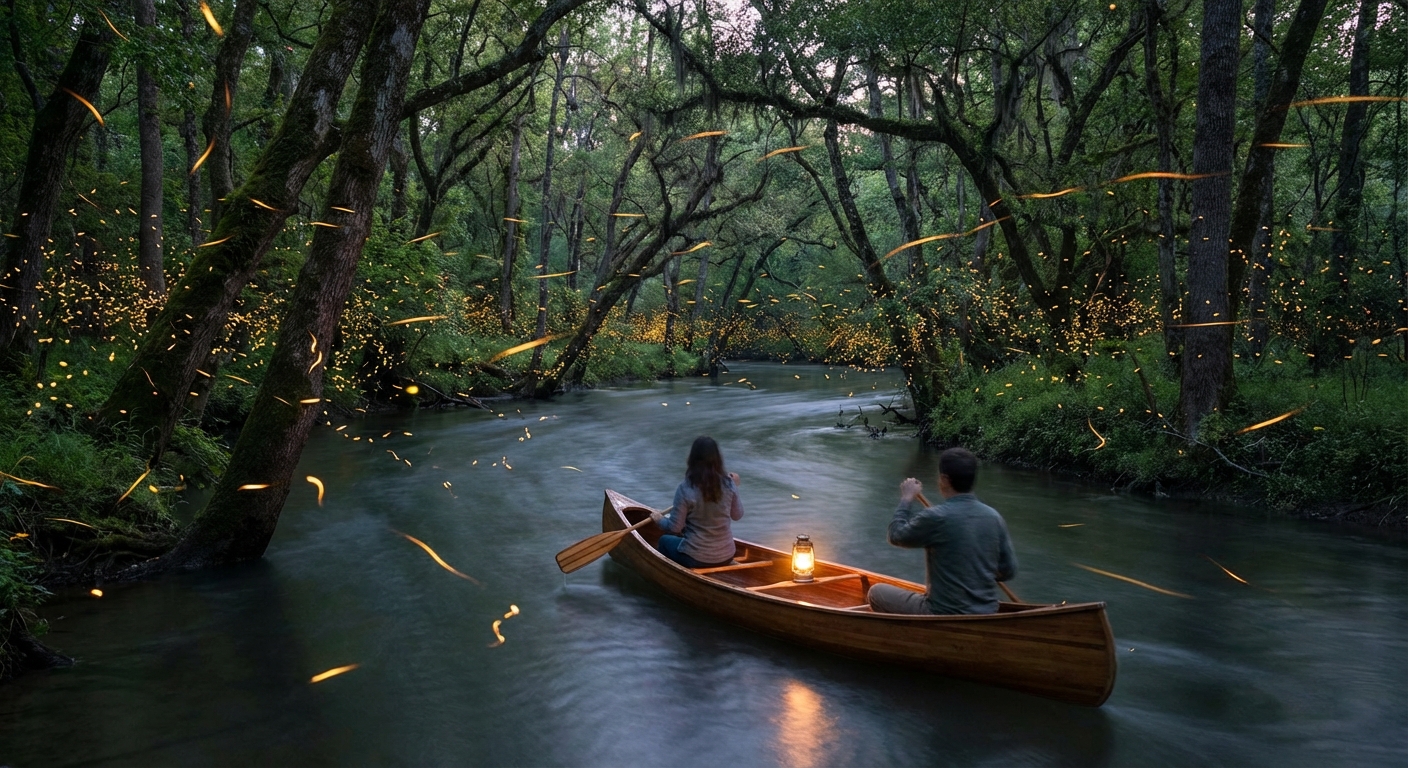A serene river journey unveils the magical firefly spectacle.