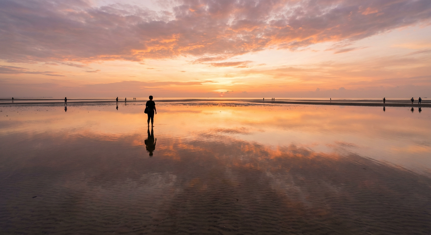 Achieving the perfect reflection an hour after sunrise at Sky Mirror.