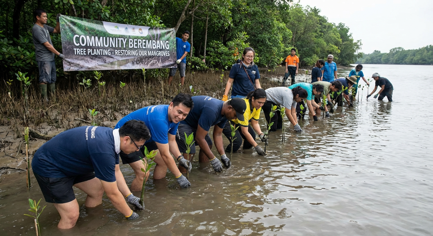 Volunteers participating in a Berembang tree planting event.