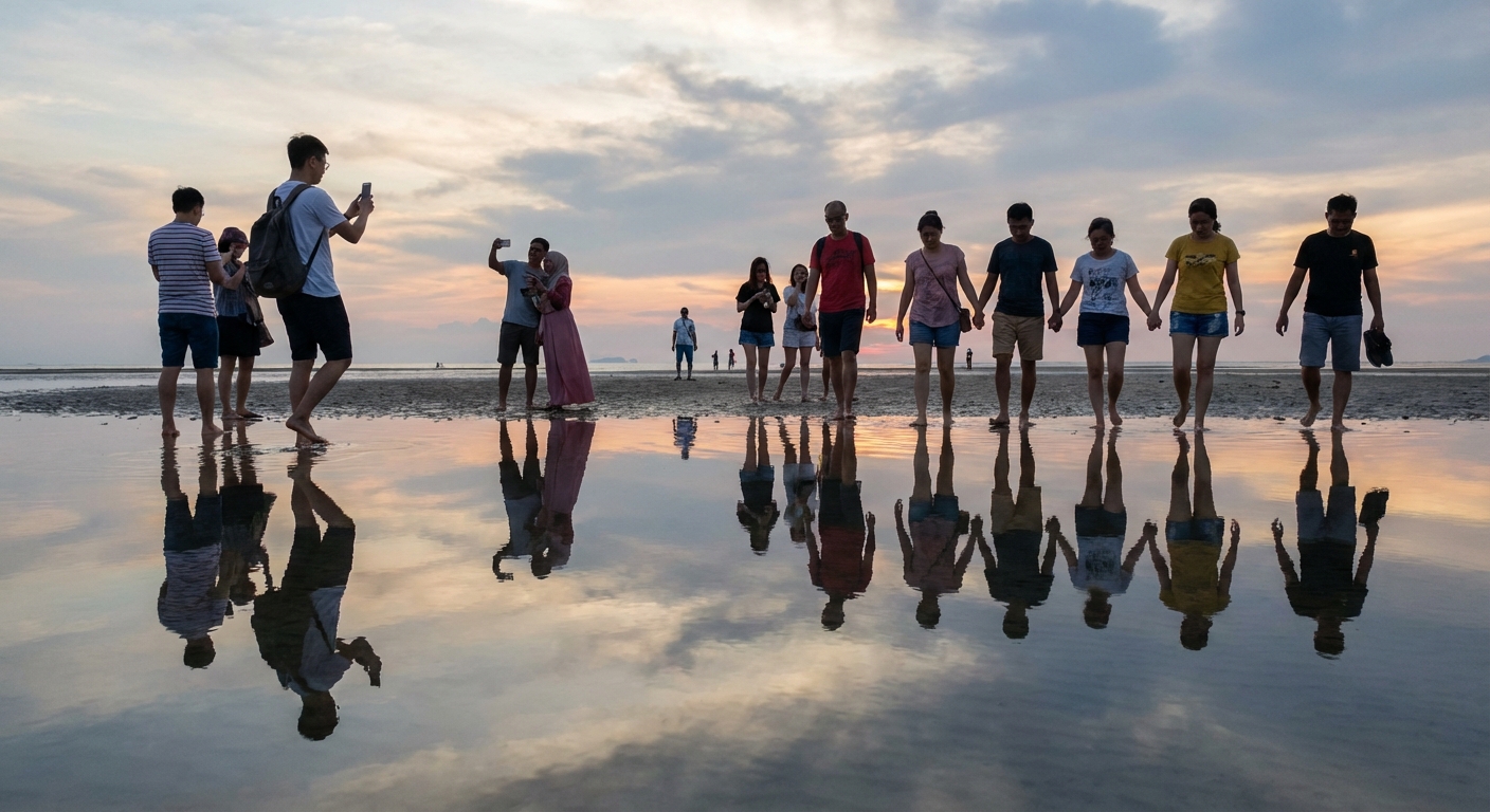 Visitors enjoying the unique reflective phenomenon at the Sky Mirror sandbar.