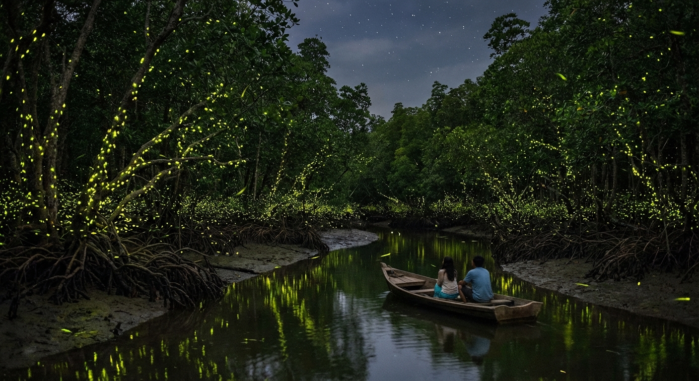 Millions of fireflies lighting up the mangrove trees in a synchronised display.