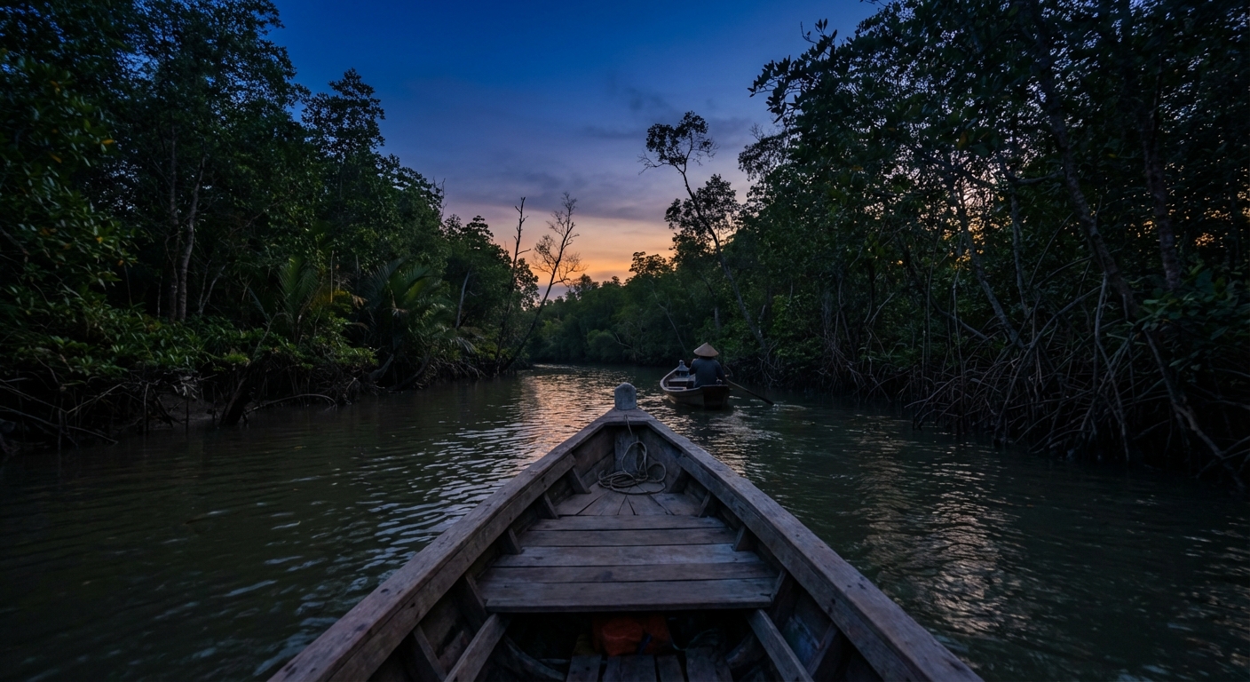 A tranquil boat ride through the mangrove-lined rivers of Kuala Selangor at twilight.