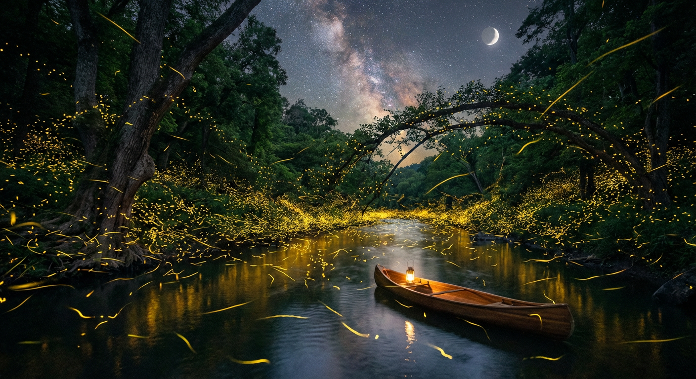 A breathtaking view of fireflies along the river at night.
