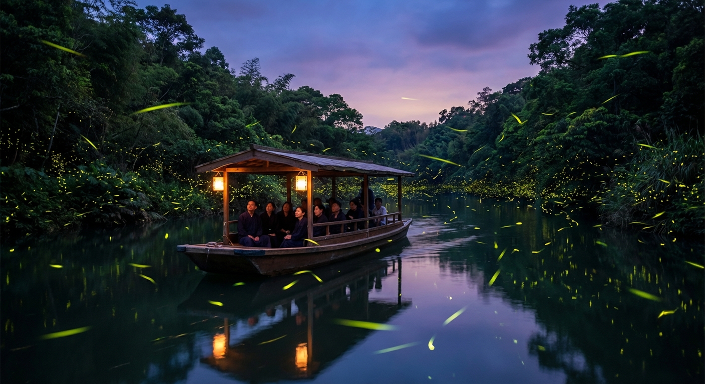 A serene boat trip along the river during a firefly tour.