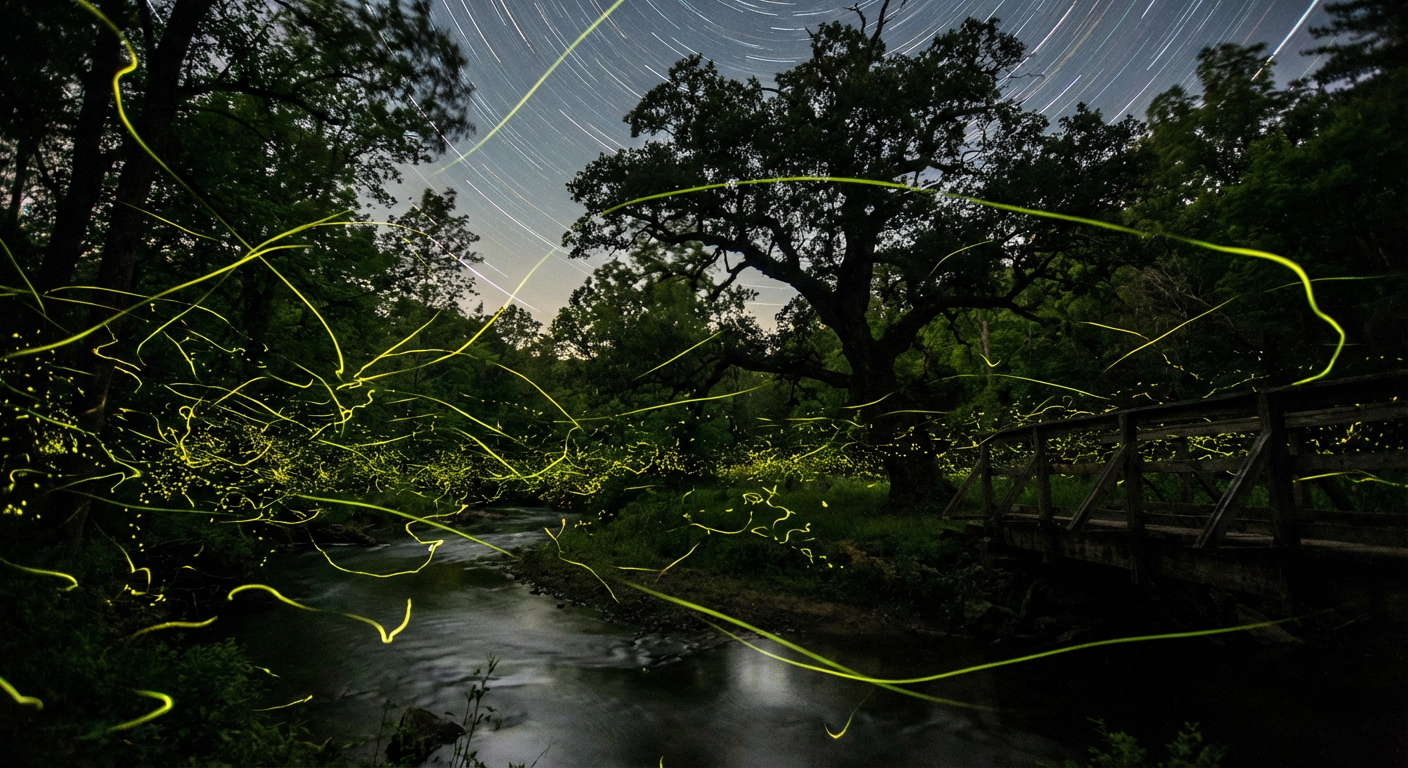 Stunning long-exposure photograph captures the glowing trails of fireflies in the dark.