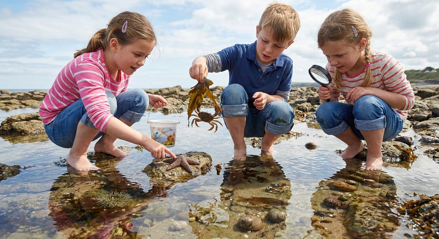 Children exploring the shallow waters and discovering small sea creatures.