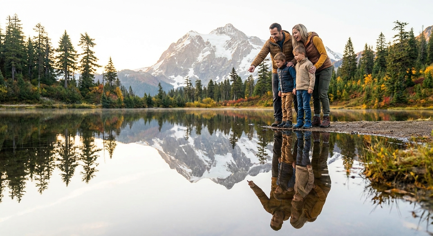 A family marvelling at the perfect reflections on the water's surface.