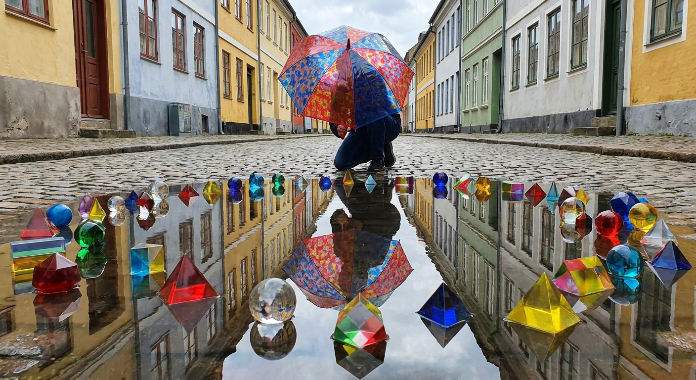 A creative photo using colourful props to enhance the reflection effect.
